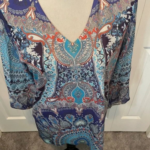 Chicos Size M V-Neck Paisley Print Tunic Top - Blue - Picture 13 of 15